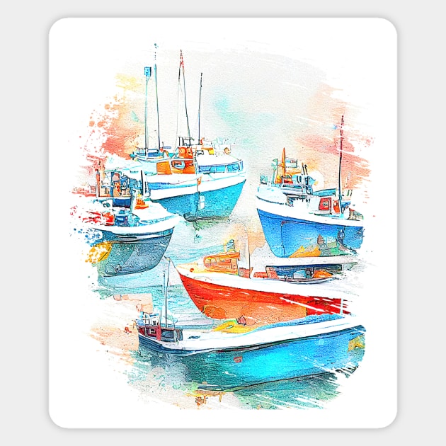 Fishing Boat Port Landscape Scenery Nature Watercolor Art Painting Sticker by Cubebox